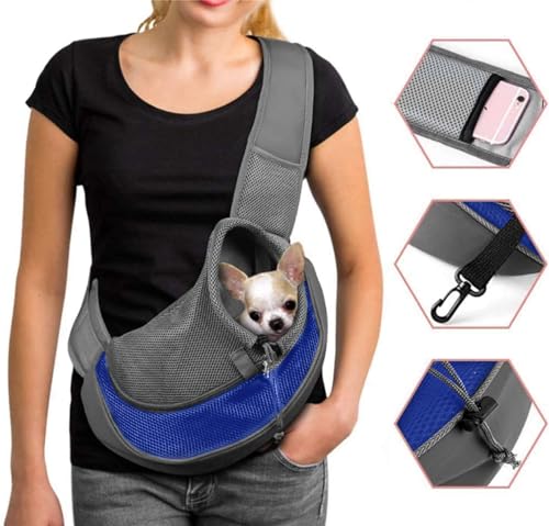 Dog Pet Sling Carrier Puppy Cat Sling Mesh Carrying Bag Adjustable Strap Breathble Small Dog Cat Satchel Carrier Hand Free Safe Front Backpack Soft Foldable Pet Purse Pouch Travel Outdoor - color: Blue