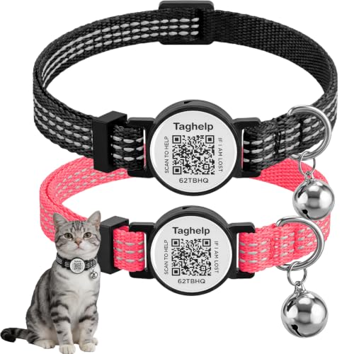 2-Pack Reflective-Breakaway Cat Collars with Bells with QR Code Name Tag, Cat ID Tag Personalized,Smart ID tag Cat Collar,Ideal for Girl Cats Male Cats Kittens Puppies (Black&Pink,NO airtag Holder) - color: Dot matrix reflective - Black & Pink