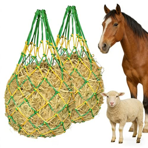 2PCS Slow Feed Hay Net for Horses, Heavy Duty Nylon Hanging Hay Bags, 40Inch Length with 2.36Inch Anti-Waste Hay Feeder for Goats Horses, Yellow Green