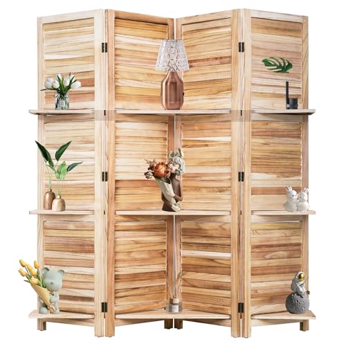 Room Divider 4 Panel Folding Wood 5.6 Ft Tall Privacy Screen Dividers Wall with Three Shelves Portable Partition (Natural) - color: Natural