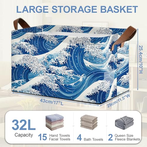Ocean Wave Storage Baskets,Japanese Foldable Organizer Bin with Handles for Home Living Room Bedroom Closet Box 17x11.5x10Inch - color: Ocean Wave Japanese
