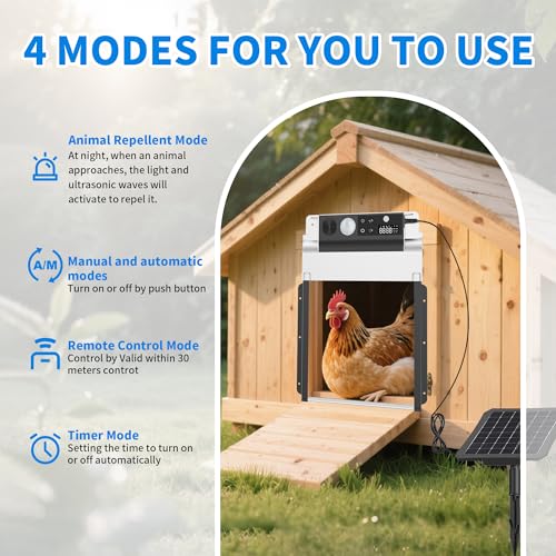 Automatic Chicken Coop Door, Solar Powered Roll-Up Chicken Door with Light Sensor, Timer & Manual Mode, 2000mAh Battery, Aluminum Frame, Anti-Pinch, for Chicken Coop Size:9''x8.3''