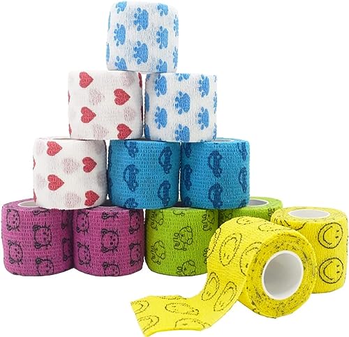Stmandy Vet Tape wrap, wrap Bandage 2 inch 12 Rolls,Adhesive wrap Bandage for The Person or The Pets (cat,Dogs,Horse and Other Animal) who was injure or Have Wounds (Cartoon 12pcs) - size: 12rolls*2 Inch