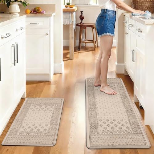 Kitchen Anti-Fatigue Mat, 2PCs, 17.3"x47"+17.3"x29", 0.4" Thick | PVC Non-Slip Cushioned Comfort Washable Floor Rug, Ergonomic Standing Rugs, Easy Clean for Home, Sink, Laundry - color: Beige-1