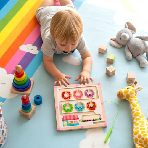 QimuMku Magnetic Maze Wooden Busy Board & Travel Toy for Toddlers Ages 2-4 | Magnetic maze travel activity for toddlers that builds fine motor skills, focus and screen-free learning on the go - color: Donut Magnetic Maze