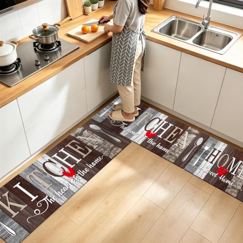 Kitchen Rugs Set 3 Piece, Non Slip Kitchen Mats for Floor, Soft Fabric with Rubber Backing, Farmhouse Anti Fatigue Runners Carpet for Home Kitchen Laundry Room Hallway Rustic Dark Brown & Grey - color: Rustic Dark Brown & Grey