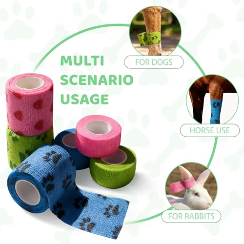 Vet Wrap for Dogs, Self Adhesive Bandage for Wounds & Paw Protection, Waterproof Non-Woven Cohesive Wrap for Swelling, Sprains & Pain Relief, 2 Inch 6 Rolls