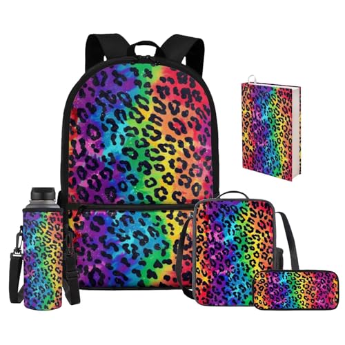 Upetstory Rainbow Leopard Print Backpack for Girls 4-6 6-8 10-12 Boys School Bag Set Kids Lunch Box Pencil Case Elementary Kindergarten Preschool School Bookbag Water Bottle Sleeve Book Cover - color: Rainbow Leopard Print