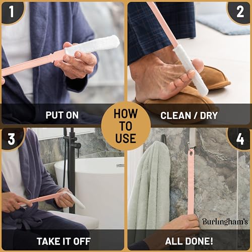 Burlingham's Toe and Foot Towel Brush with Reusable Drying Covers Long 17” Handle for Cleaning Between Toes, Soft Skin Exfoliation,for Seniors, Adults, Kids (Pink Toe Towel Brush + 3 Covers)
