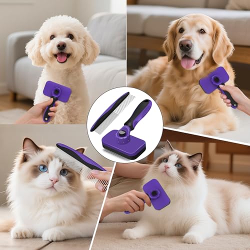 2PCS Self Cleaning Slicker Brush & Dog Comb - Skin Friendly Deshedding Grooming Tool for Dogs, Cats and Small Animals, Professional Deshedding Dematting Tool for Long and Short Haired Pets (Purple) - color: Purple