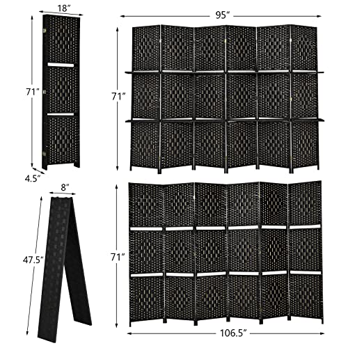 Giantex 6Ft 6 Panel Room Divider with Shelves, Freestanding Hand-Woven Rattan Folding Privacy Screens for Room Separation, Wooden Partition Room Divider Wall for Home Office Studio Separator - color: Black