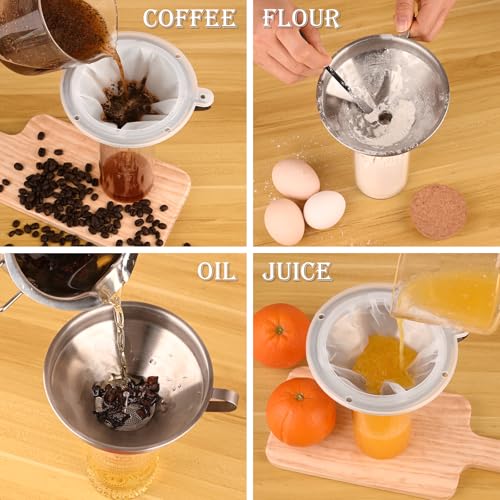 WMKGG 304 Stainless Steel Funnel,Funnels for Kitchen Use Filling Bottles | 5 Inch,with 200 Mesh and 100 Mesh Fine Mesh Strainer, for Oils, Juice, Wine, Coffee, Milk, Tea, Powder - size: Funnels+Strainer