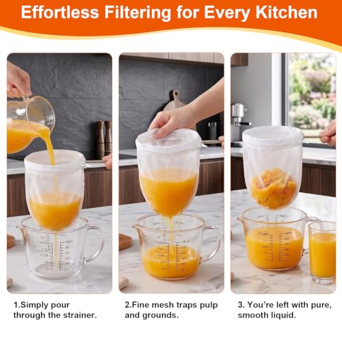 Nut Milk Strainer Bag Set, 3 Filters & 1 Stainless Handle | Secure Closure & Stainless Steel Handle, Washable Fine Mesh for Pulp-Free Nut Milk, Juice & Cold Brew