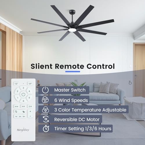 Newday 72 Inch Black Large Ceiling Fan with Light, Remote, Reversible DC | 8-blade, 6-speed with timer, 3CCT dimmable LED, silent high airflow, 3 downrods for living room, patio, indoor/outdoor - size: 72 Inch