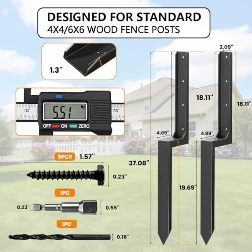 Heavy Duty Fence Post Repair Kit, Metal Fence Post Stabilizer Bracket with Ground Spike for Wooden Fence Repair, Includes Mounting Screws and Drill Bit 2Pack