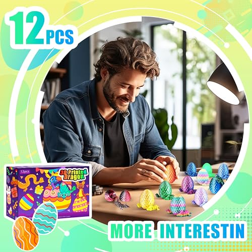 Impossmaker 12PCS 3D Printed Dragon Eggs with Dragon Inside, Cool Stuff Fun Gifts, Mini Dragons Eggs Set Articulated Crystal Fidget Toy for Adults Teens Boy Gifts Easter Basket Stuffers - style: 12P-S4