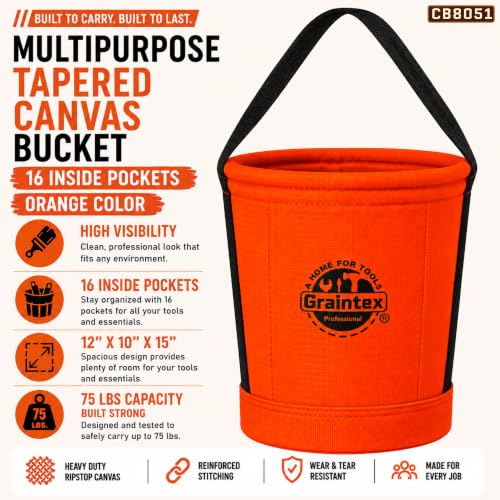 Graintex Tapered Canvas Bucket 12"x10"x15", Utility Tool Bucket 16 Inside Pockets, Reinforced Base & Carry Handle, Ripstop Canvas, Multi-Purpose Bag for Jobsite & Home Use for Tool Storage Solutions - color: Orange