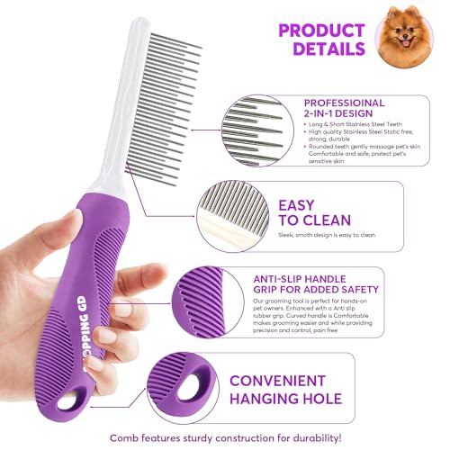 Detangling Pet Comb for Dogs & Cats with Long & Short Stainless Steel Metal Teeth for Removes Tangles and Knots - Detangler Grooming Tool for Dematting Matted Fur.