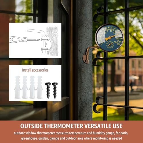 4" Outdoor Thermometer & Humidity Gauge, Brass Analog Dial | Window Thermometer for Outside Temperature & Humidity Monitor, Battery-Free for Patio Garage Greenhouse Garden Wall