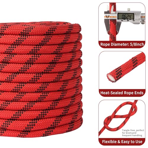 Arborist Rope 5/8in Climbing Rope Tree Rope for Outdoor Climbing Swing Sailing Halyard - style: Red1