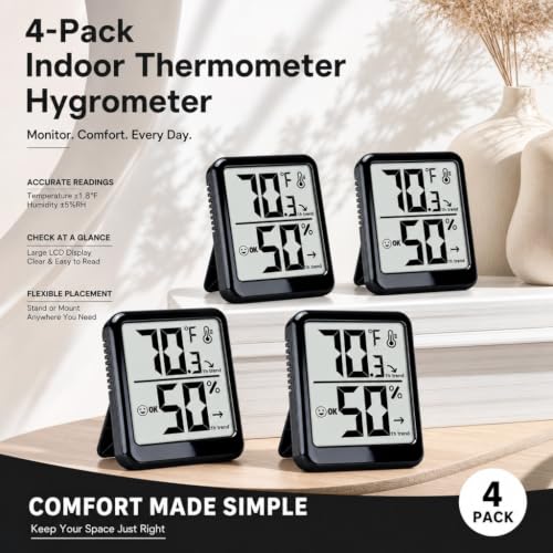 4 Pack Room Thermometer Indoor Hygrometer Humidity Gauge Meter | W/ Battery, Accurate Sensor, Monitor Temperature & Humidity, Fast Read, Easy To View, Durable Kickstand, ℉/℃, Small Size - color: Black - Upgraded Version