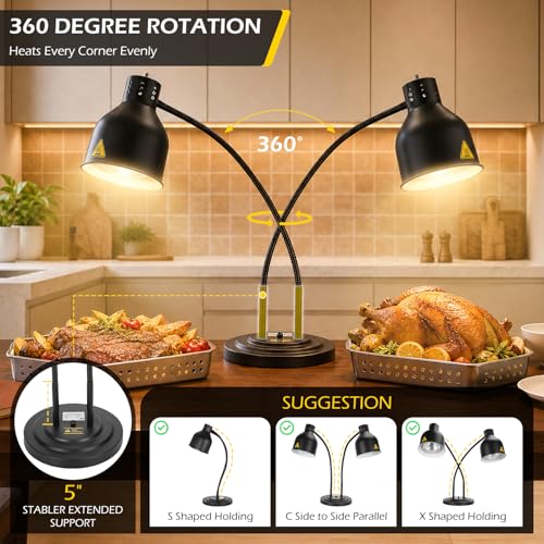 Dyna-Living Food Heat Lamp, 2-Head Adjustable Heat Lamp for Food Commercial Electric Food Warmer Lamp Catering Warming Lights for Buffet Parties Restaurant Kitchen, 500W (Black) - color: Black