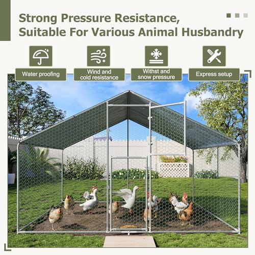 Large Metal Chicken Coop,19.7x9.8x6.4 FT Chicken Run for Yard with Waterproof & Anti-UV Cover,Walk in Chicken Pen with Feeding Door (6.6 * 9.8 * 6.4 ft) - size: 118.1"L x 78.7"W x 76.8"H