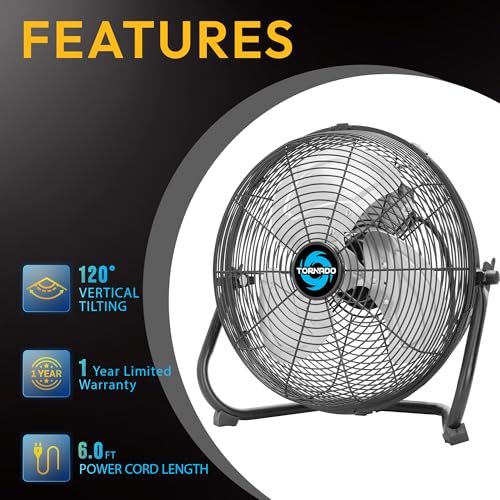 Tornado 18 Inch Powerful Industrial Floor Fan, 3-Speed High Velocity Metal Fan, 120° Adjustable Tilt, 6.0 FT Cord for Commercial and Home Use, Black - size: 18 Inch New