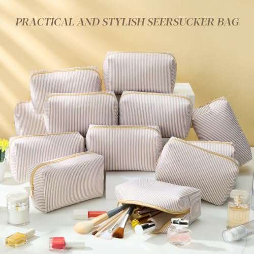 Sanwuta 20 Pcs Seersucker Cosmetic Bags Bulk, Striped Zippered,Khaki | Makeup Bags Women Pouch, Large Preppy Storage Toiletry Travel Pouch for Wedding Bridesmaid Bride Favor Back to Teacher Gift - color: Khaki