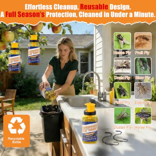 3 Pack Fly Traps Outdoor with 6 Natural Bait Refills | Reusable Hanging Fly Catcher for Patio, Garden, Orchard, Yard, Ranch and Horse Farm