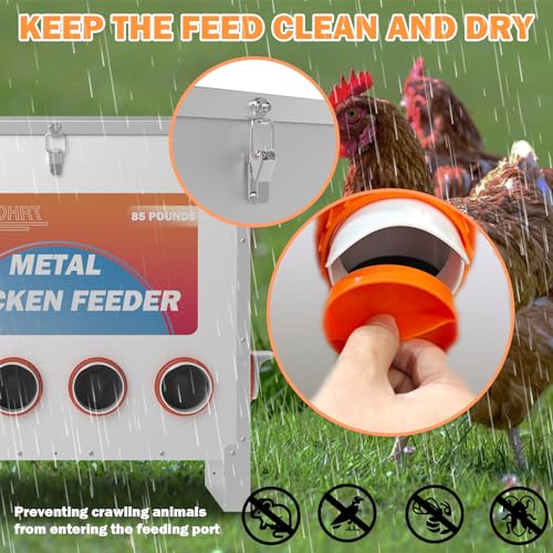 HAYOHRT 85-120LBS Capacity Chicken Feeder No Waste 10-Ports Automatic Large Poultry Feeder with Latch & Handle for Chickens Bantams Pheasants Poultry Coop Weatherproof - size: 10 Ports - 85-120 lBS