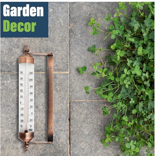 Outside Thermometer with Bronze Effect Design - Stylish 9.5 Inch Decorative Outdoor Thermometer Waterproof Suitable for Outside Wall Garden Greenhouse Patio Garage