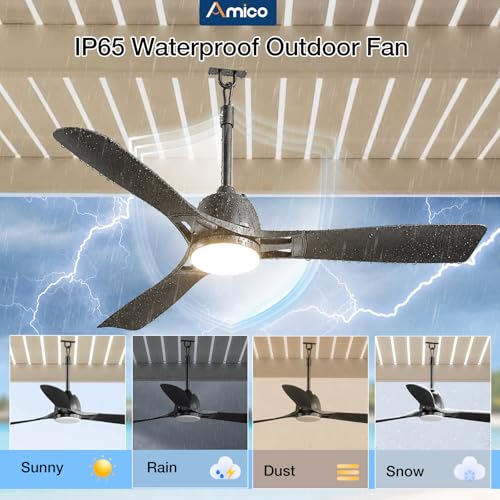 Amico 52" Outdoor Ceiling Fans with Lights, IP65 Waterproof Gazebo Fan | Waterproof, Remote Control, 3000-6000K, 6 Speeds, Hook Hanging Plug in, for Patio Porch Pergola Garage Canopy - size: 52 inch