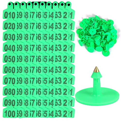 100PCS 001-100 Number Plastic Livestock ID Tags - Yellow, Green, Blue, Orange Ear Tagger for Cattle, Sheep, Goats, Pigs - color: Green