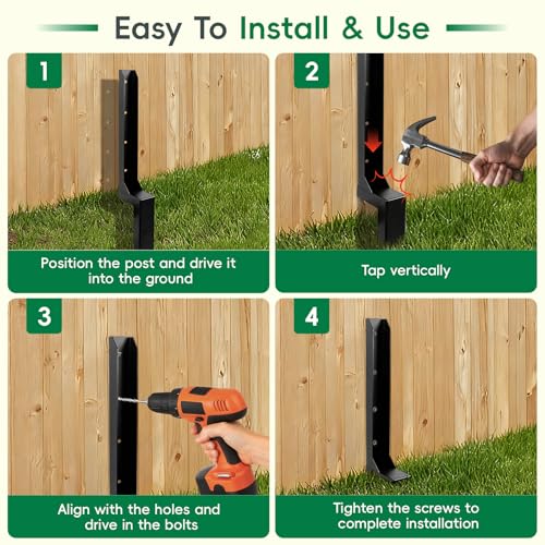 4 Pack Strong Fence Post Repair Kits with One-Piece Steel Anchor & Stakes | Easy to Install - Quick Fix Broken/Leaning Wood Posts Support, Heavy Duty Double-Layer Thickened Fence Post Anchors - color: Black