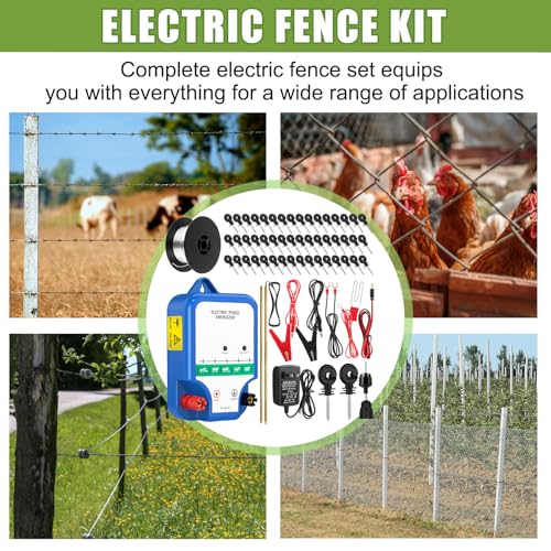 Electric Fence Kit, 8 Mile 12kV 2J Electric Fence Charger AC/DC Powered with 50 Insulators, Socket Tool, 250ft Aluminum Wire for Livestock Control(Classic Ver.,Blue) - style: Classic Ver
