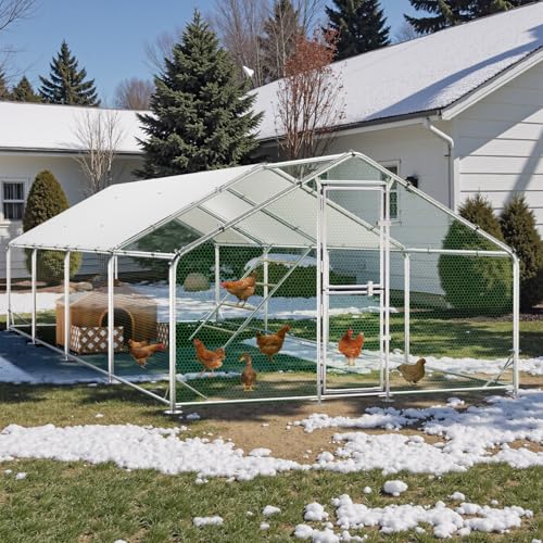Large Metal Chicken Coop Runs for Yard with Cover, 10x26x6.5 | Perch Bars, Split Doors, Waterproof Covers, Mesh Wire - size: 315.0"L x 118.1"W x 78.7"H