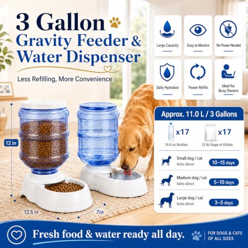 Automatic Dog Feeder and Water Dispenser Set for Large Dogs, 3 Gallon Gravity Dog Cat Food and Water Dispenser Set with Pet Food Bowl,Large Pet Food Water Dispenser Station - size: 3 Gallon Set