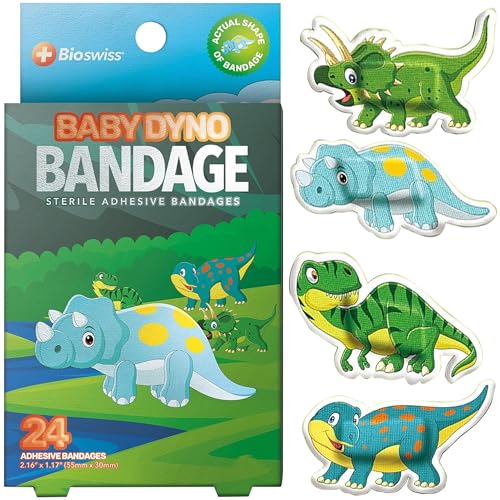 BioSwiss Bandages, Dino Shaped Self Adhesive Bandage Set, Latex Free, Sterile Wound Care, 24 Count - size: 24-Count Box, style: Baby Dino