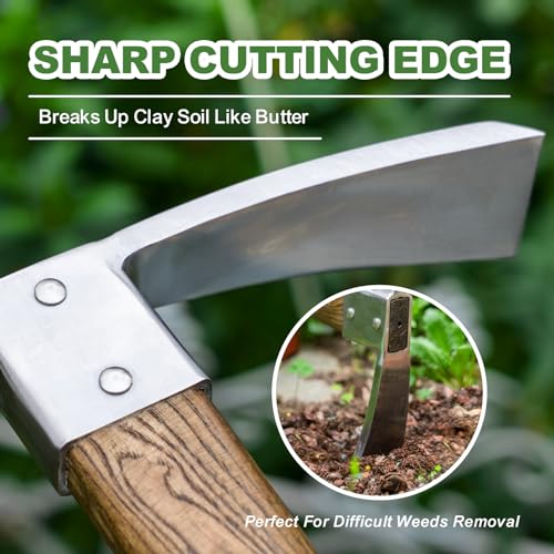 Haliaeetus Pick Axe, Stainless Steel Mattock, Garden Pick with Wood Handle | with Sharp Pick and Cutting Edge for Breaking up Heavy Clay Soil, and Removal of Difficult Weeds, for Digging, Loosening Soil