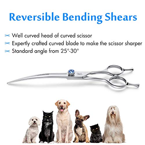 JASON Curved Dog Grooming Scissors - 7" Cats Trimming Shears Right Handed | Ergonomic Pets Shear with Offset Handle and a Jewelled Screw for Right Handed Groomers, Sharp, Comfortable, Gift - size: 7.0", style: Curved