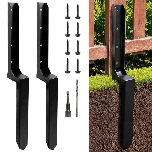2 Pack Fence Post Repair Kits with Strong One-Piece Steel Anchor & Stakes | Quick Fix Broken/Leaning Wood Posts Support, Heavy Duty Double-Layer Thickened Fence Post Anchors with Rustproof Coating - color: Black-2pack