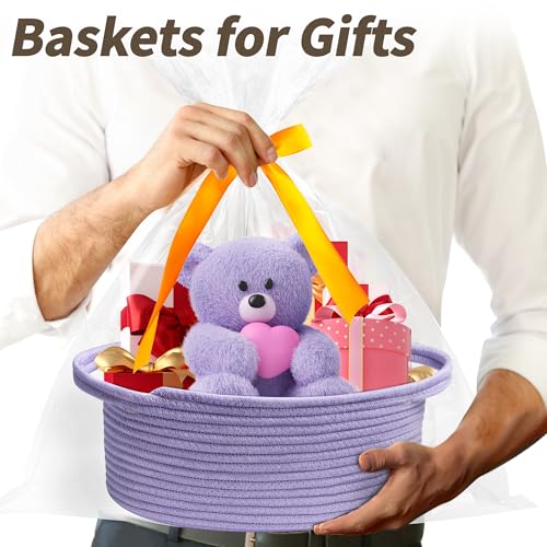 Pro Goleem Small Woven Basket with Gift Bags and Ribbons Durable Baskets for Gifts Empty Small Rope Basket for Storage 12"X 8" X 5" Baby Toy Basket with Handles, purple - color: Purple