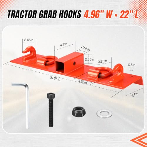 Tractor Bucket Hook, Bolt On Grab Hook with 2" Receiver, 1/2" D Rings, 5/16" Grab Hooks, Universal Bucket Attachment, Fits Compact Tractor Loader, 1.5" Bolt, Orange