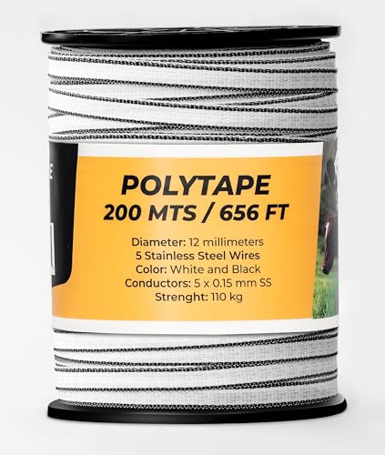 TRAE Electric Fence Polytape 656 Feet (200 Meters) | 5 Stainless Steel Strands for High Conductivity & Rust Resistance | 12mm UV-Resistant Electric Fence Tape for Horses, Livestock & Farm Use