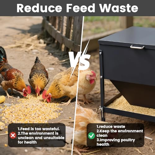 All Metal Chicken Feeding with Waterproof Lid and Handle，Adjustable 80 lbs Large Capacity No Waste Portable Automatic Chicken Feeder,for Chickens and Duck Poultry and Other Birds