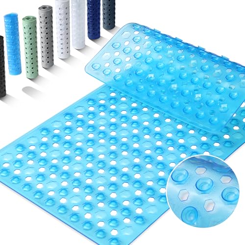 Yimobra Bathtub Mat Non Slip, 27.5"X15.5" Machine Washable Shower Floor Mat, Soft on Feet, Bathmat with Drain Holes and Suction Cups, Bathroom Essentials, Clear Blue - color: Clear Blue, size: 27.5 X 15.5 Inch