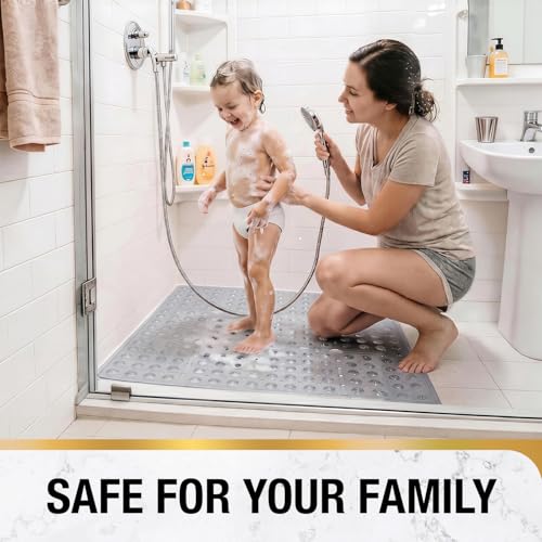 HITSLAM Square Shower Mat 27x27 Inch, Extra Large Non Slip Shower Mats for Inside Shower Stall, Anti Slip Bath Floor Mat with Strong Suction Cups & Drain Holes, Machine Washable, Grey - color: Grey
