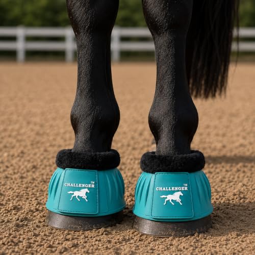 CHALLENGER Horse Training Ribbed Rubber Hoof Impact Overreach Protection Fleece Lined Bell Boots 41HI01 - color: Turquoise, size: Large