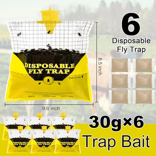 6 Pack Outdoor Fly Trap Bags Hanging - 6 * 30g Bait, Durable, Effective | Bug Hunter Catcher Killer Repellent for Stable Horse Barn & Farm | Disposable | Easy to use | Large Capacity - size: 6 Pack